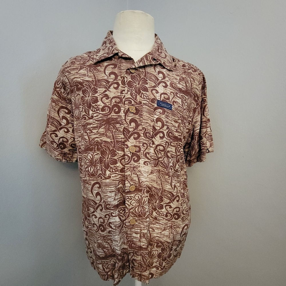 Honolua Surf Men's Small Red Tan Silk Linen Hawaiian Tropical Lightweight Shirt